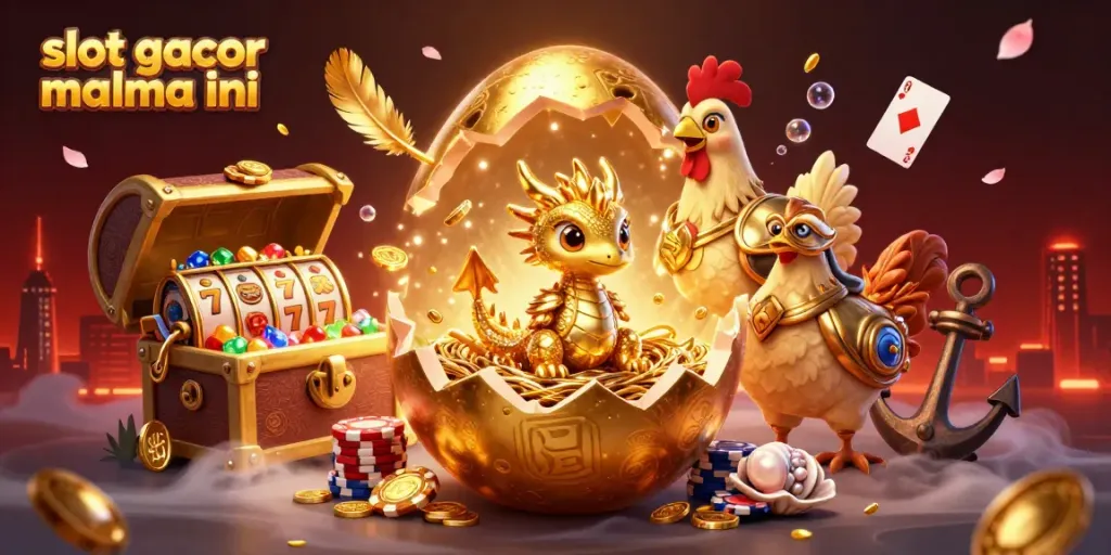 Experience vibrant slot gacor malma ini action with a golden dragon, poker chips, and colorful gems.