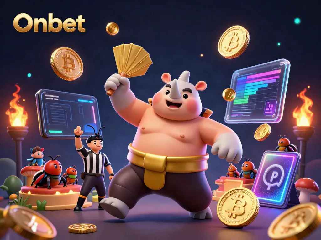Onbet features a sumo champion beetle amidst flying gold coins, showcasing excitement in gaming.