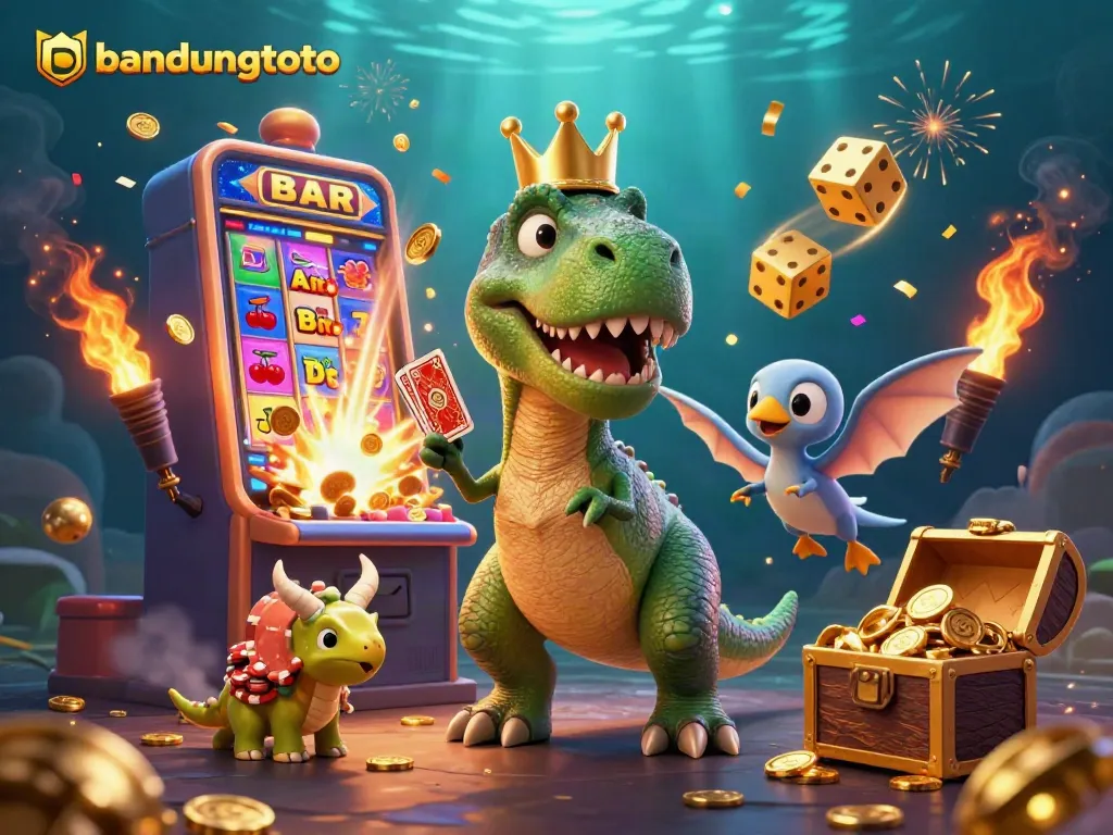 Experience the excitement of bandungtoto with fun characters and vibrant casino games in this dynamic illustration.