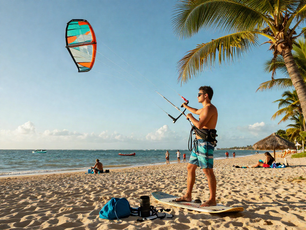 Adventurer preparing for slot 5k kite surfing at a sunny beach.