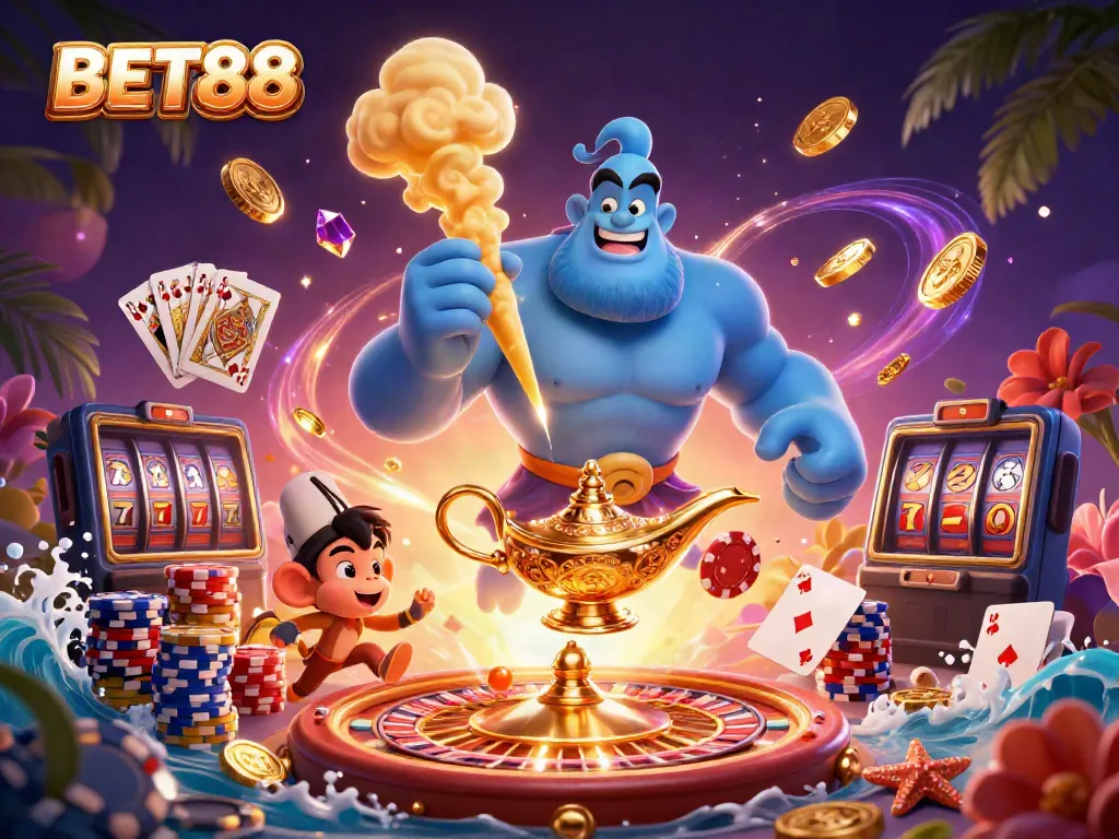 Các nhân vật trong một trò chơi casino trực tuyến BET88 với các đồng tiền vàng và đá quý bay lượn.