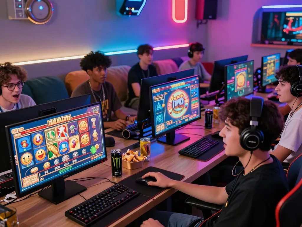 Players enjoying slot gacor games in a vibrant gaming lounge with colorful LED lights.