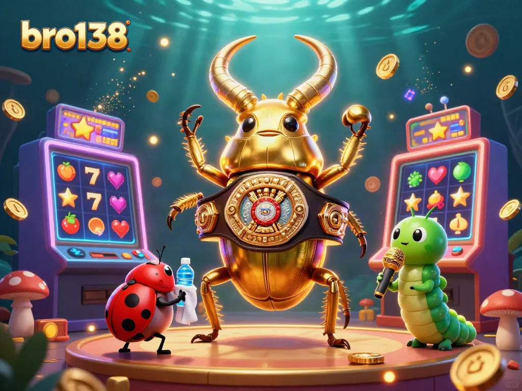 Experience the excitement of bro138 with vibrant slots and energetic characters in a rich casino-themed scene.