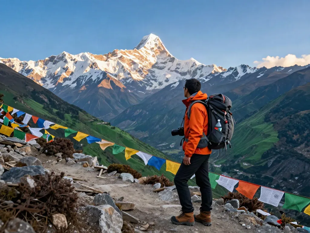 Manaslu Circuit trekker enjoying breathtaking views of snow-capped peaks and valleys at sunrise.