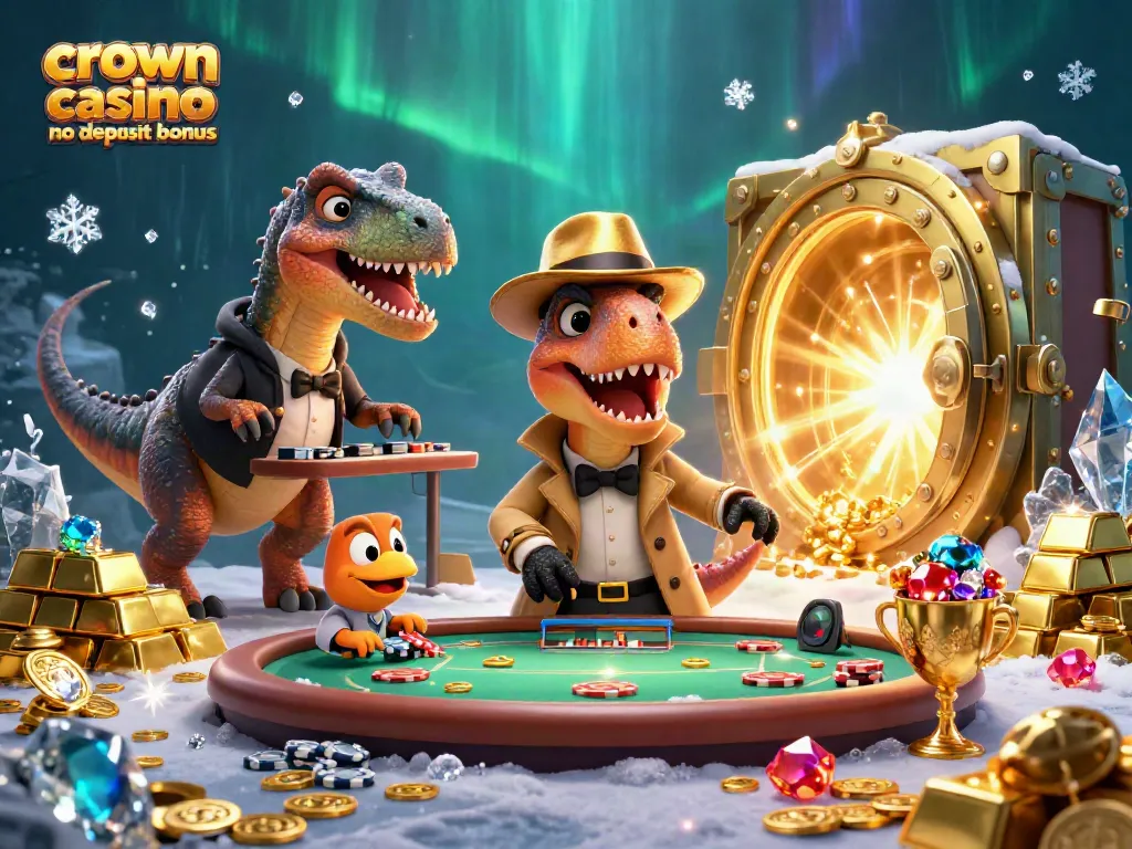 Engage with the crown coins casino no deposit bonus in an exciting 3D illustration of characters at a blackjack table.