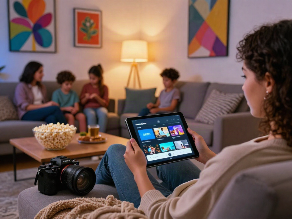 Engaging living room scene with a person using the Moviebox app for home entertainment