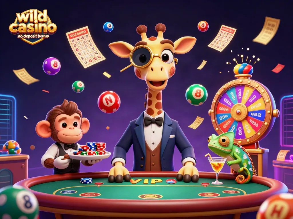 Win with the wild casino no deposit bonus in a vibrant, action-packed casino scene featuring animated characters.