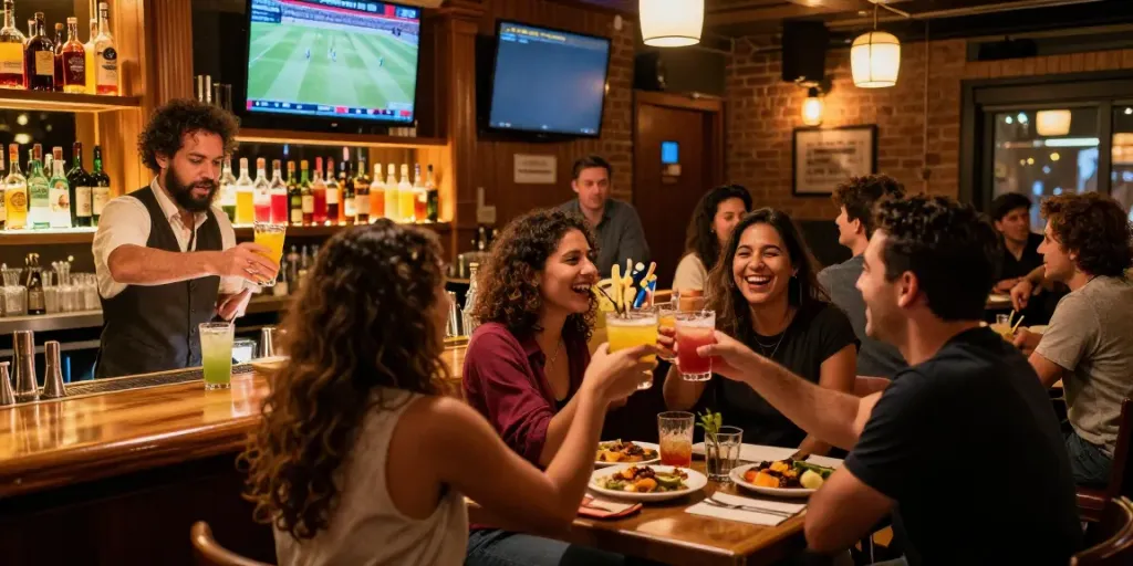 Atmosfer meriah di The Keg Room NYC, pelanggan menikmati minuman dan makanan bersama. https://thekegroomnyc.com/ di latar belakang.