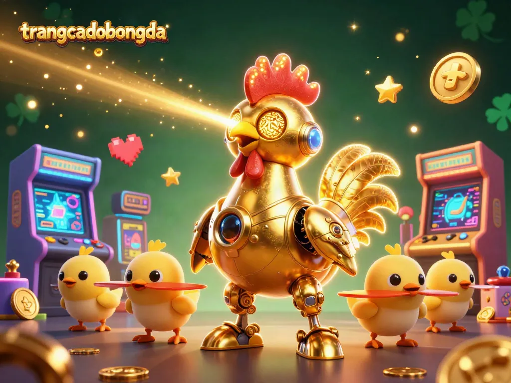 Experience thrilling bets at trangcadobongda with a dynamic scene featuring a golden robot and arcade games.