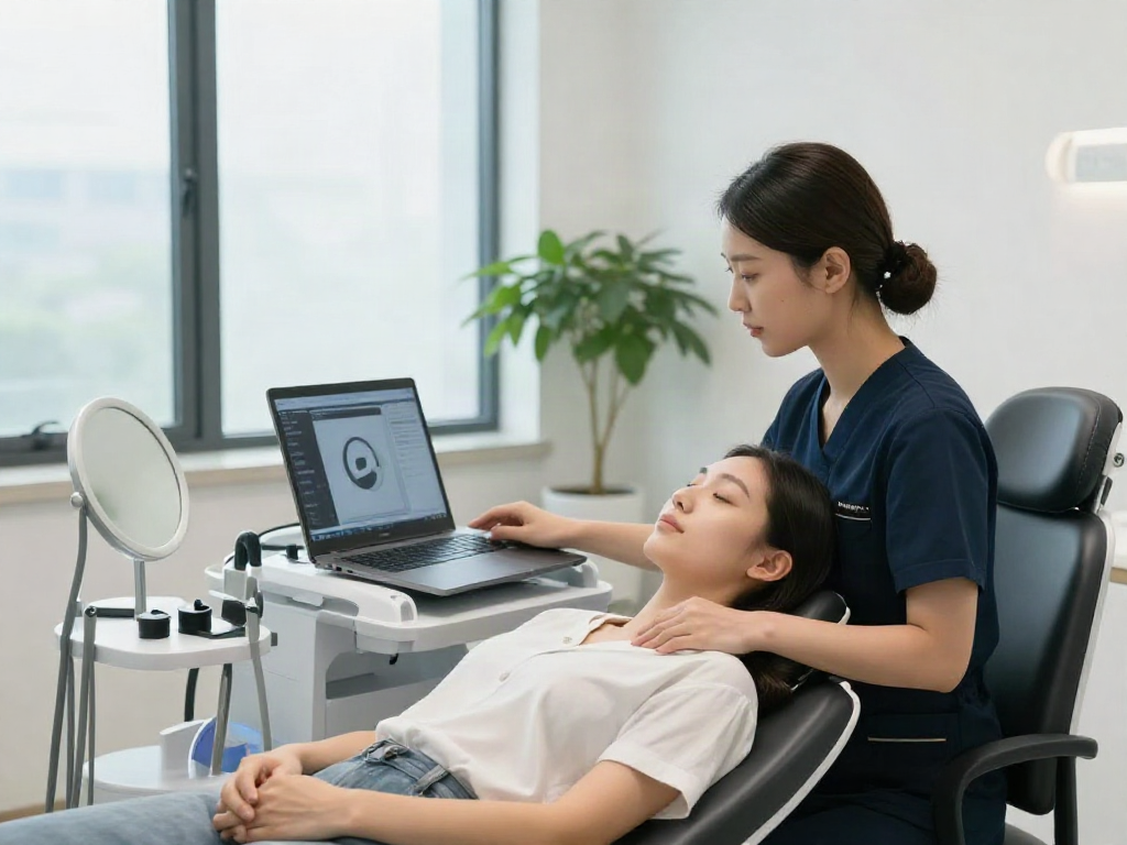 ClinicEvo cheaper than QOVES - Aesthetician using advanced tools for facial analysis in a modern clinic.