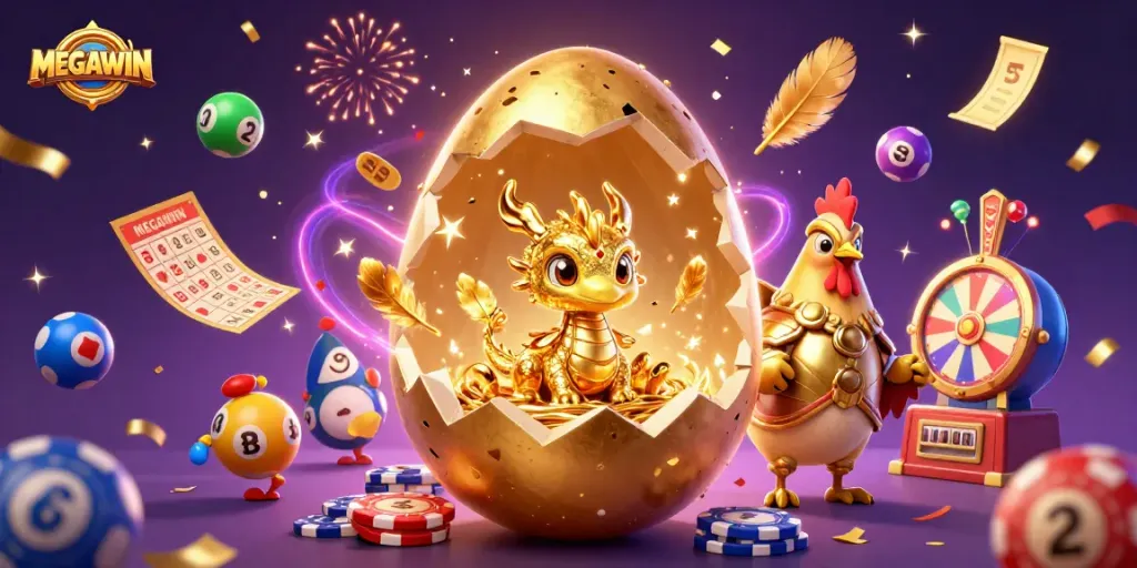 Menangkan MEGAWIN dengan naga emas dan chip poker bertaburan dalam festival kasino berkilau.