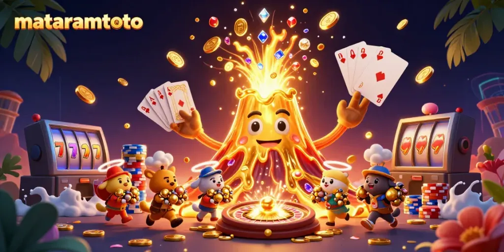 Experience the excitement of mataramtoto with a golden volcano showering treasures in this vibrant casino scene.