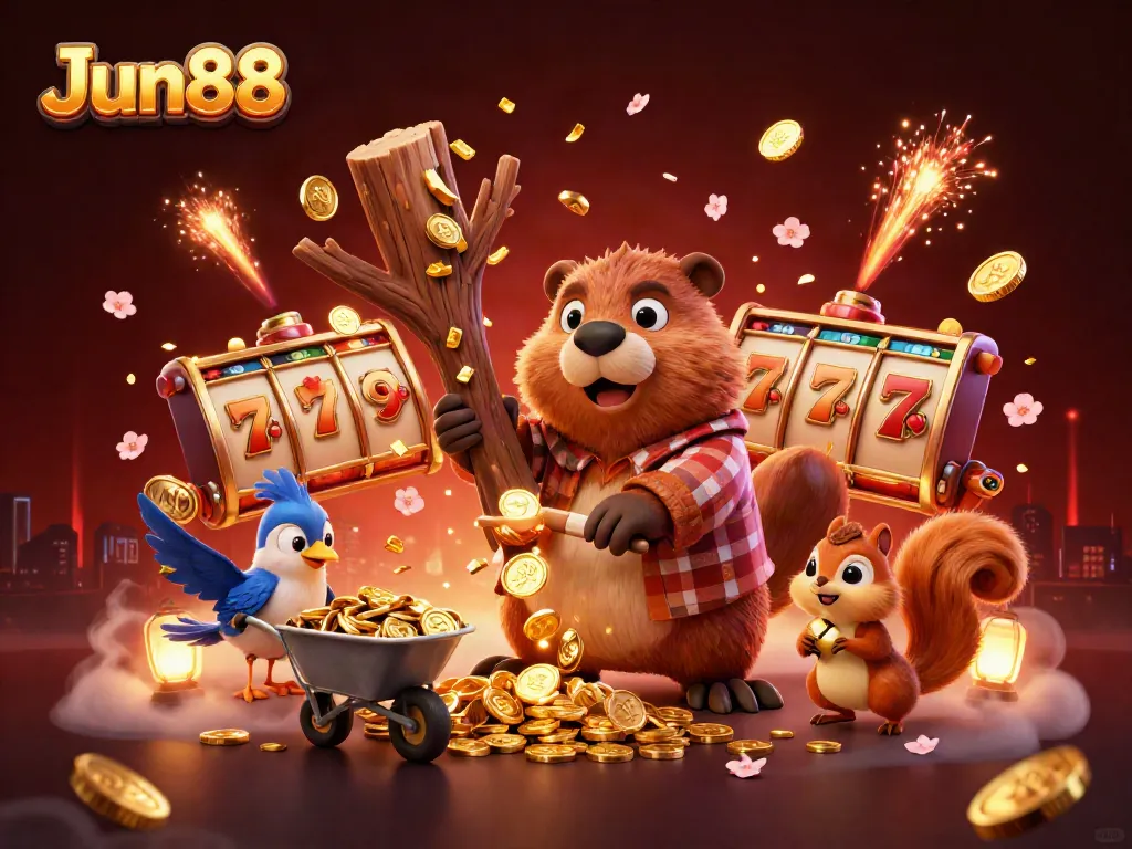 Jun88 promotes fun with a beaver character in a vibrant casino scene full of jackpots and excitement.