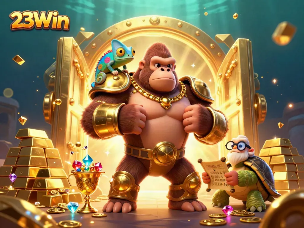 Engage with 23Win's vibrant gaming scene featuring a gorilla king, chameleon spy, and tortoise elder.