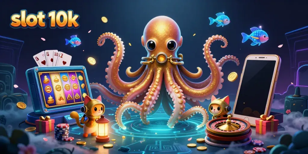 Experience the thrill of slot 10k with immersive 3D action featuring a kraken and diving cat.