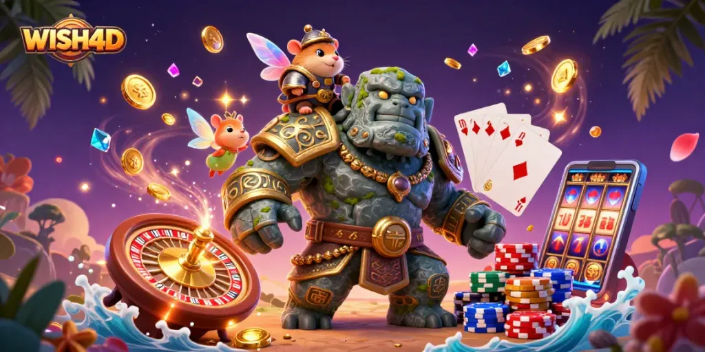 WISH4D enchants players with a vibrant scene of a golem, fairy, and hamster knight surrounded by casino allure.