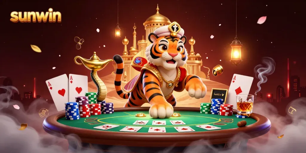 Engage with the vibrant sunwin casino experience featuring a tiger sultan on a poker carpet amidst lush gaming elements.