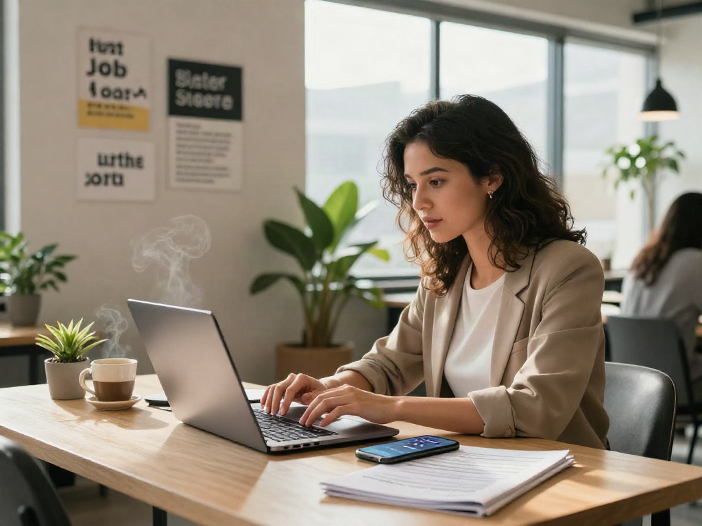 Motivated professional engaged in job search หางาน at modern workspace with laptop and inspiring environment.