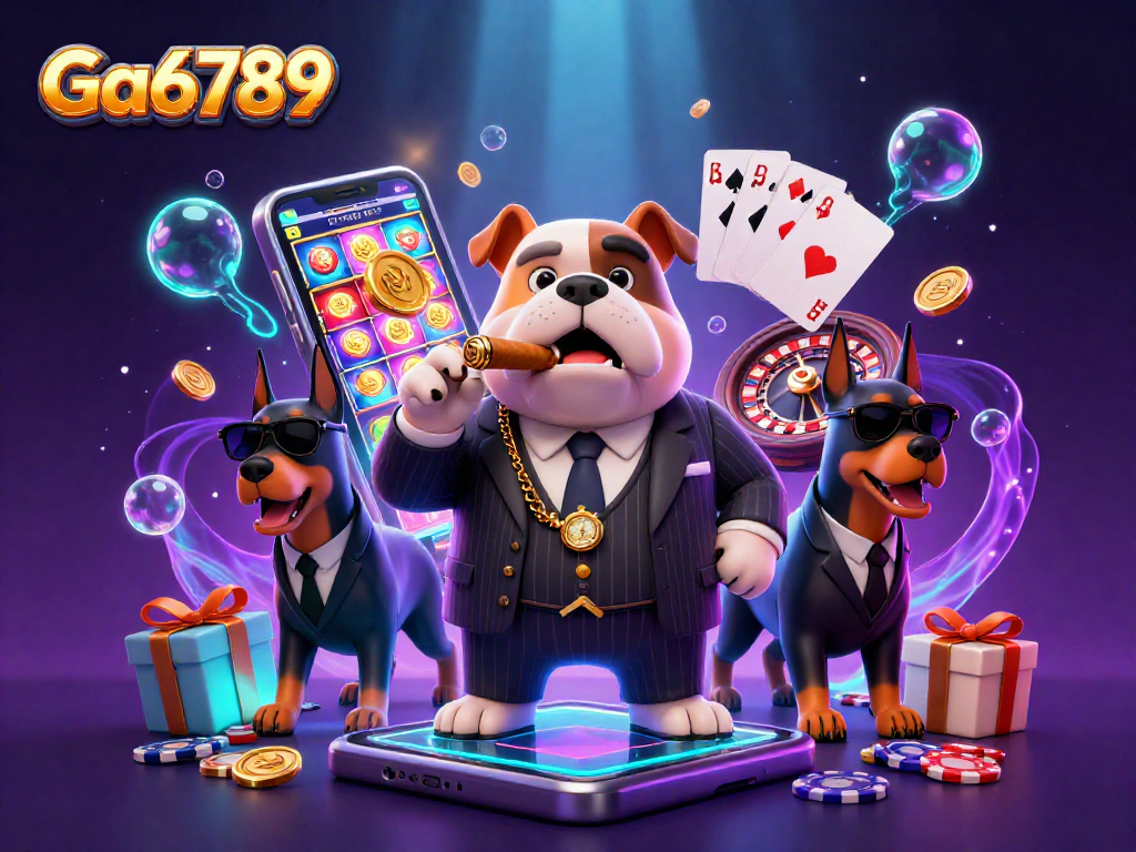 Experience Ga6789 in a vibrant 3D illustration featuring a mafia bulldog and casino elements.